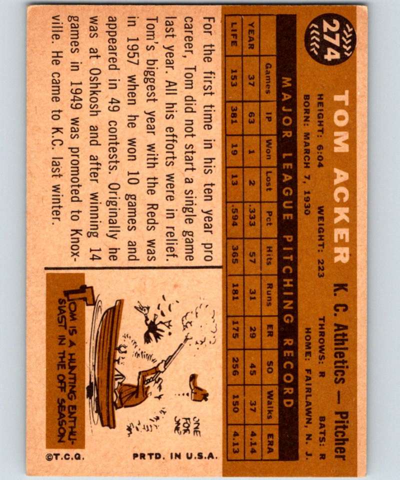 1960 Topps #274 Tom Acker Athletics MLB Baseball 3873 Image 2