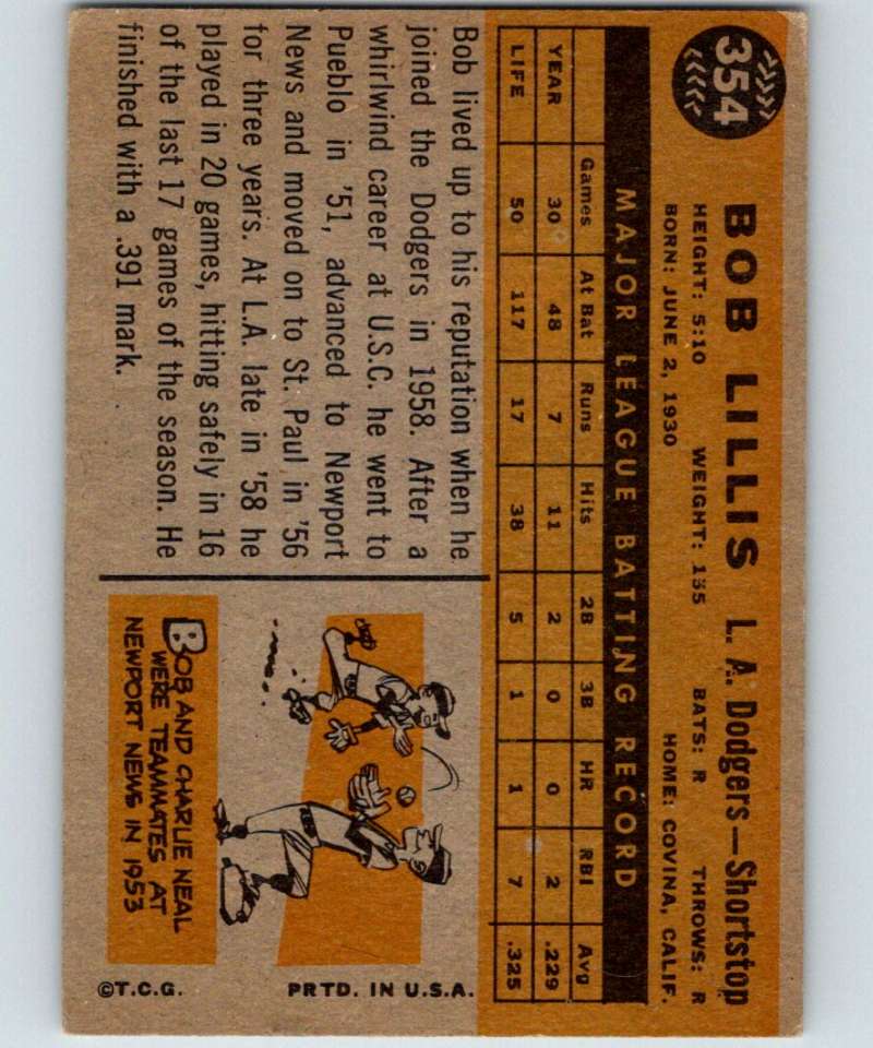 1960 Topps #354 Bob Lillis Dodgers MLB Baseball 3888