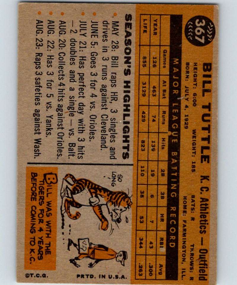 1960 Topps #367 Bill Tuttle Athletics MLB Baseball 3891