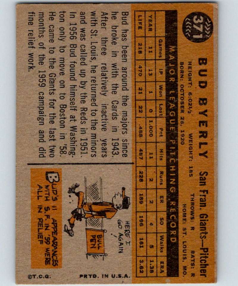 1960 Topps #371 Bud Byerly Giants MLB Baseball 3893 Image 2