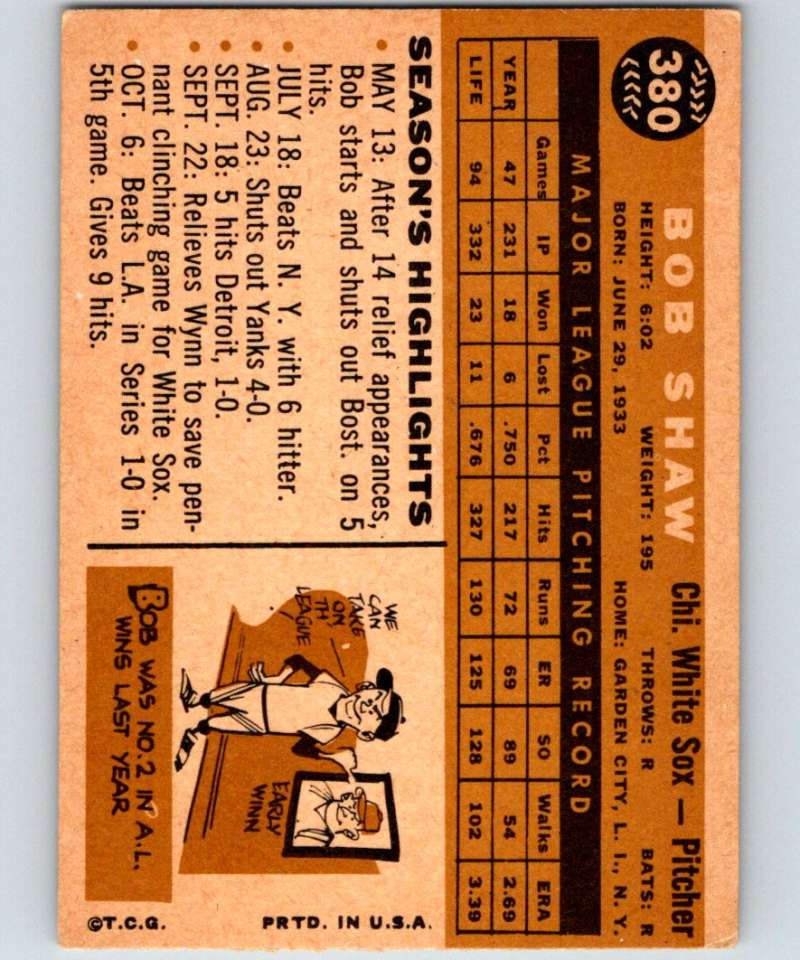 1960 Topps #380 Bob Shaw White Sox MLB Baseball 3897