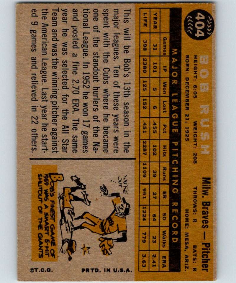 1960 Topps #404 Bob Rush Braves MLB Baseball 3898