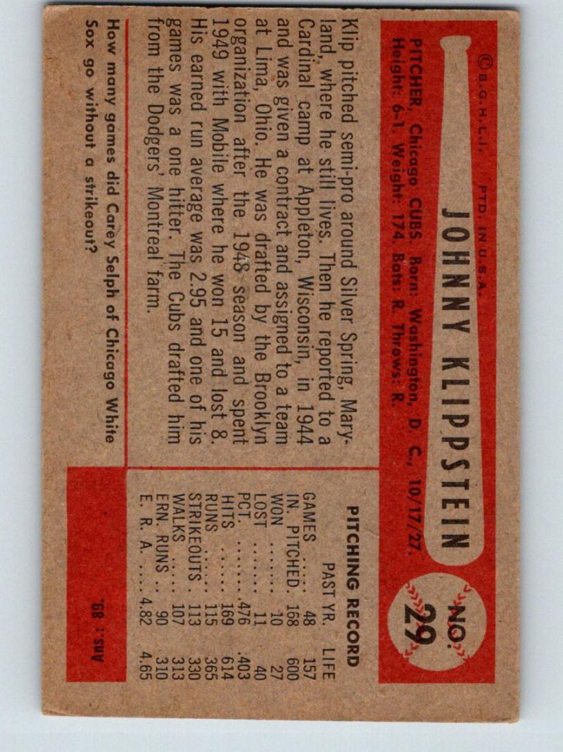 1954 Bowman #29 Johnny Klippstein Baseball Vintage MLB Cubs 03912 Image 2