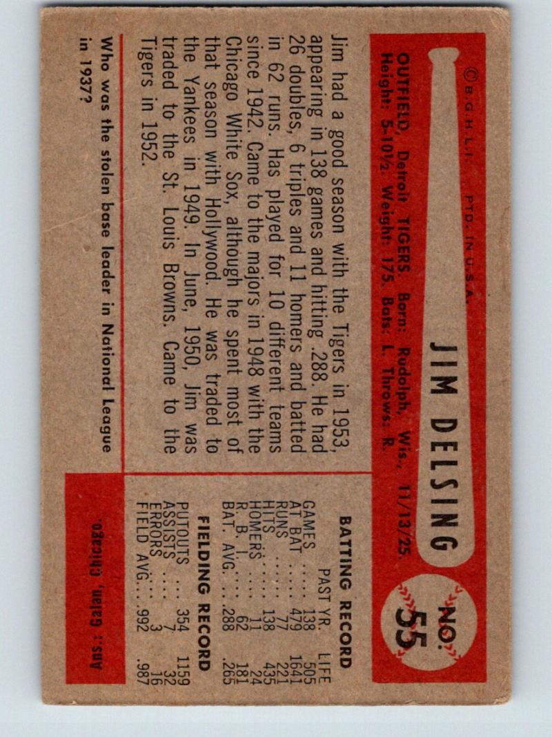 1954 Bowman #55 Jim Delsing Baseball MLB Vintage Tigers 03914