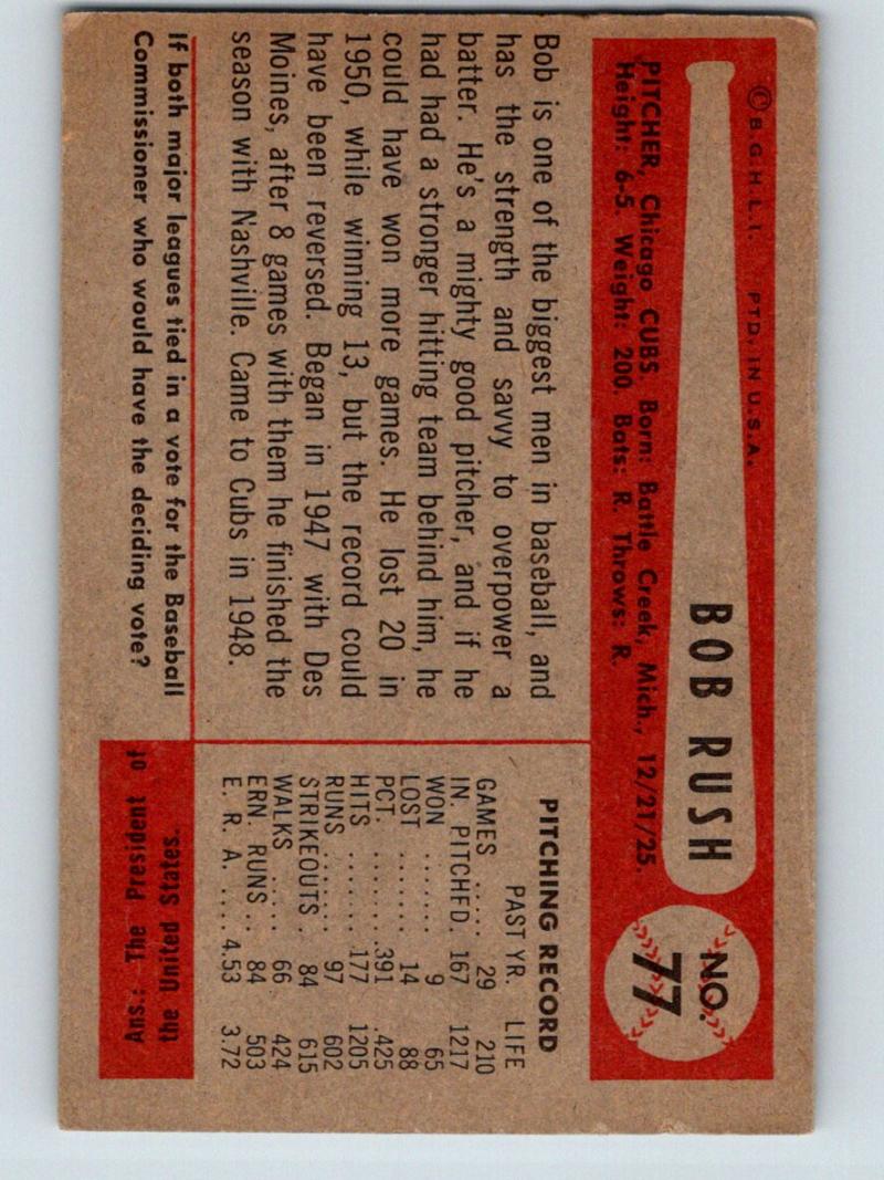 1954 Bowman #77 Bob Rush Baseball MLB Vintage Cubs 03915 Image 2