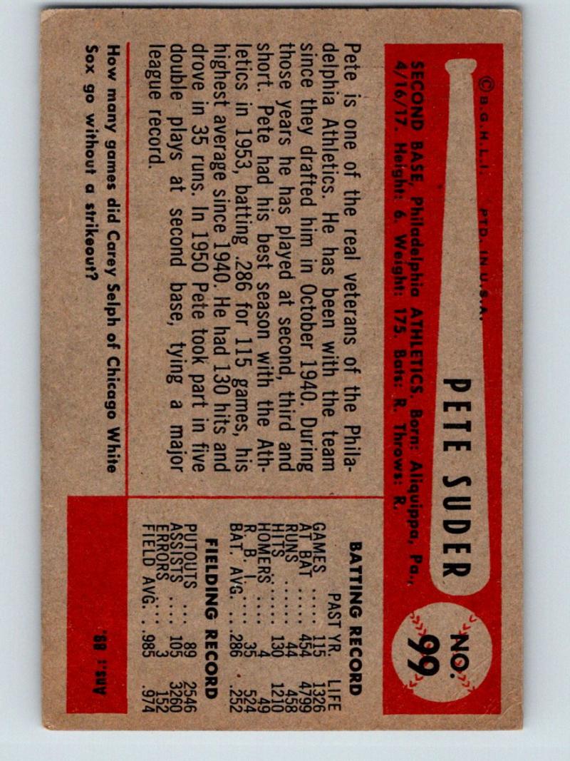 1954 Bowman #99 Pete Suder Baseball MLB Vintage Athletics 03916 Image 2