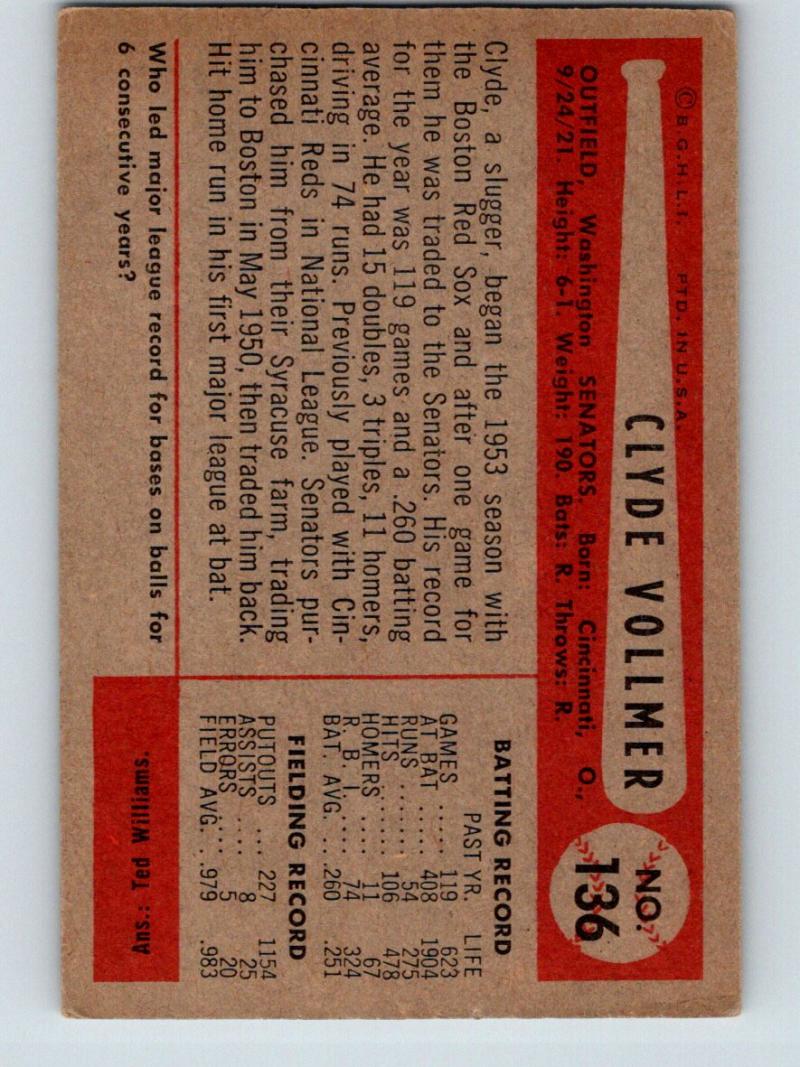 1954 Bowman #136 Clyde Vollmer  Baseball MLB Vintage Senators 03917 Image 2