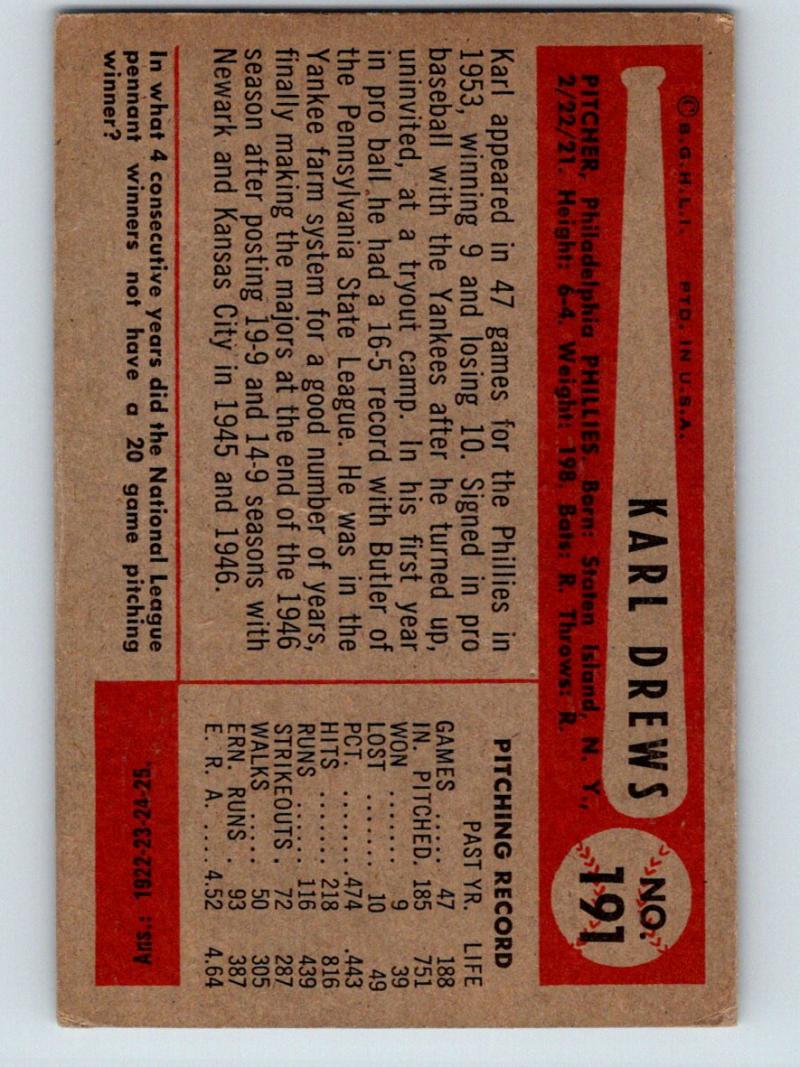 1954 Bowman #191 Karl Drews Baseball MLB Vintage Phillies 03920 Image 2