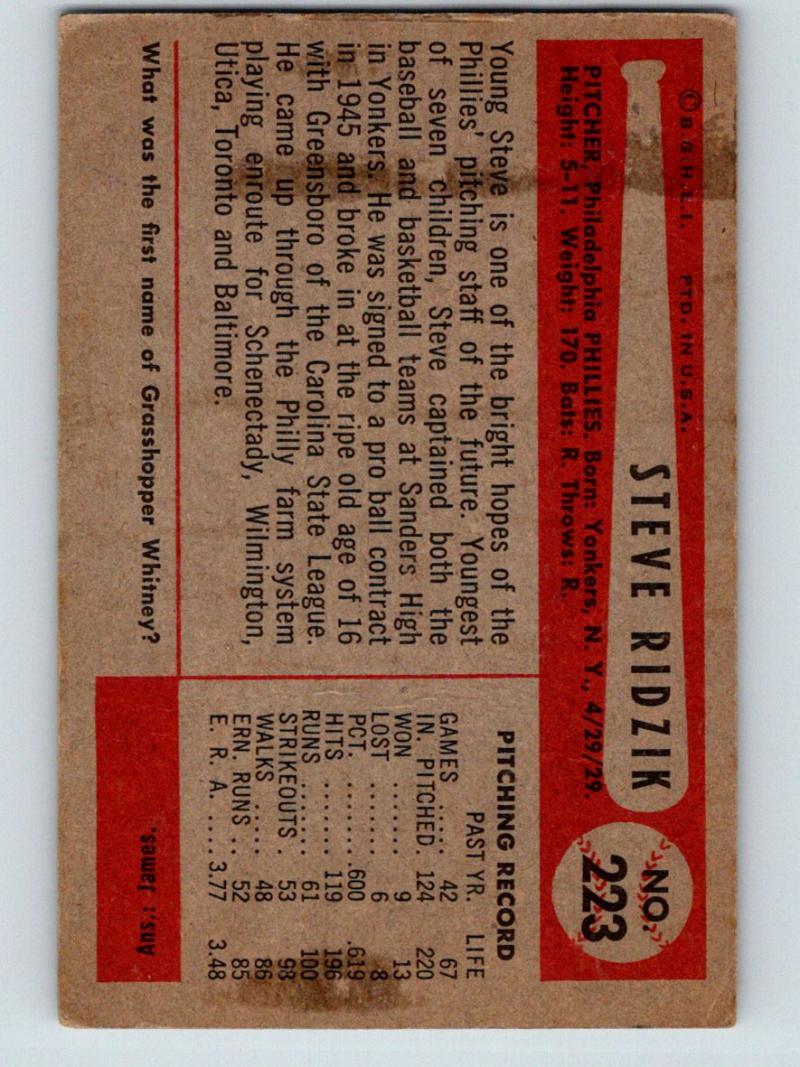 1954 Bowman #223 Steve Ridzik Baseball MLB Vintage Phillies 03923