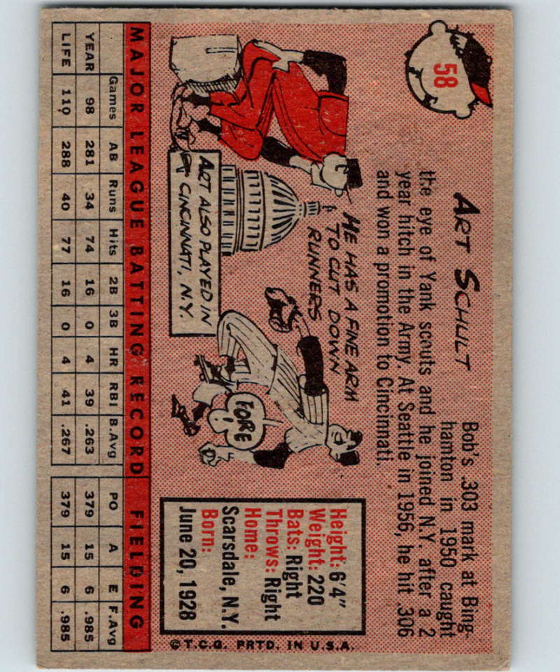 1958 Topps #58a Art Schult Senators Baseball 3940 Image 2