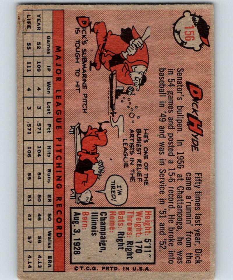 1958 Topps #156 Dick Hyde Senators UER Baseball 3952 Image 2