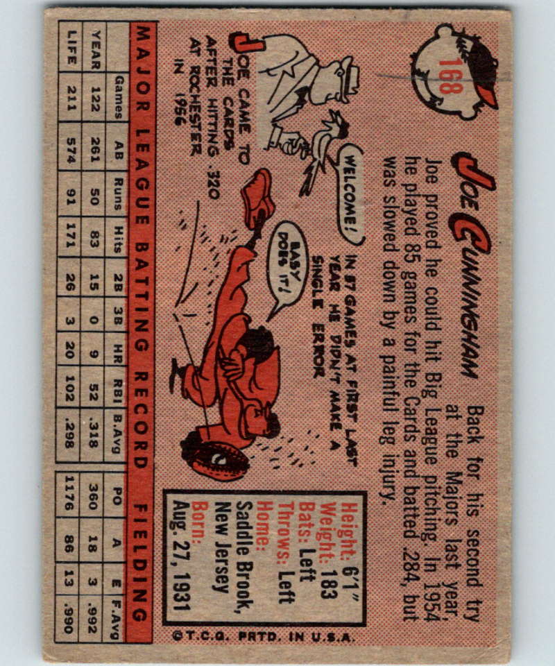 1958 Topps #168 Joe Cunningham Cardinals Baseball 3954