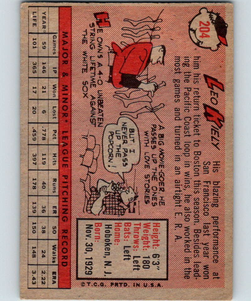 1958 Topps #204 Leo Kiely Red Sox Baseball 3965 Image 2