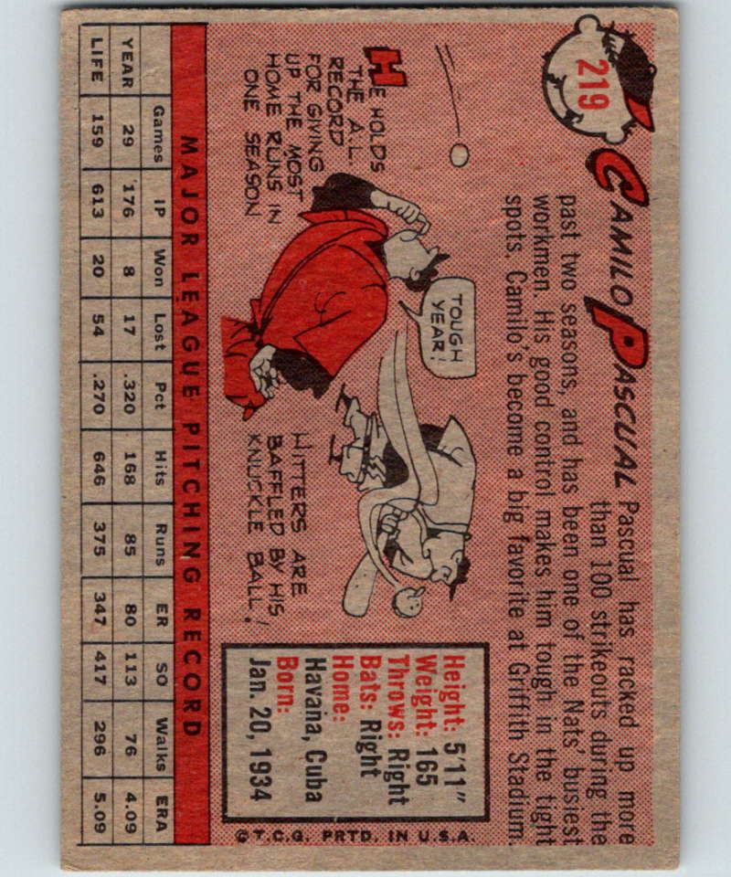 1958 Topps #219 Camilo Pascual Senators Baseball 3968 Image 2