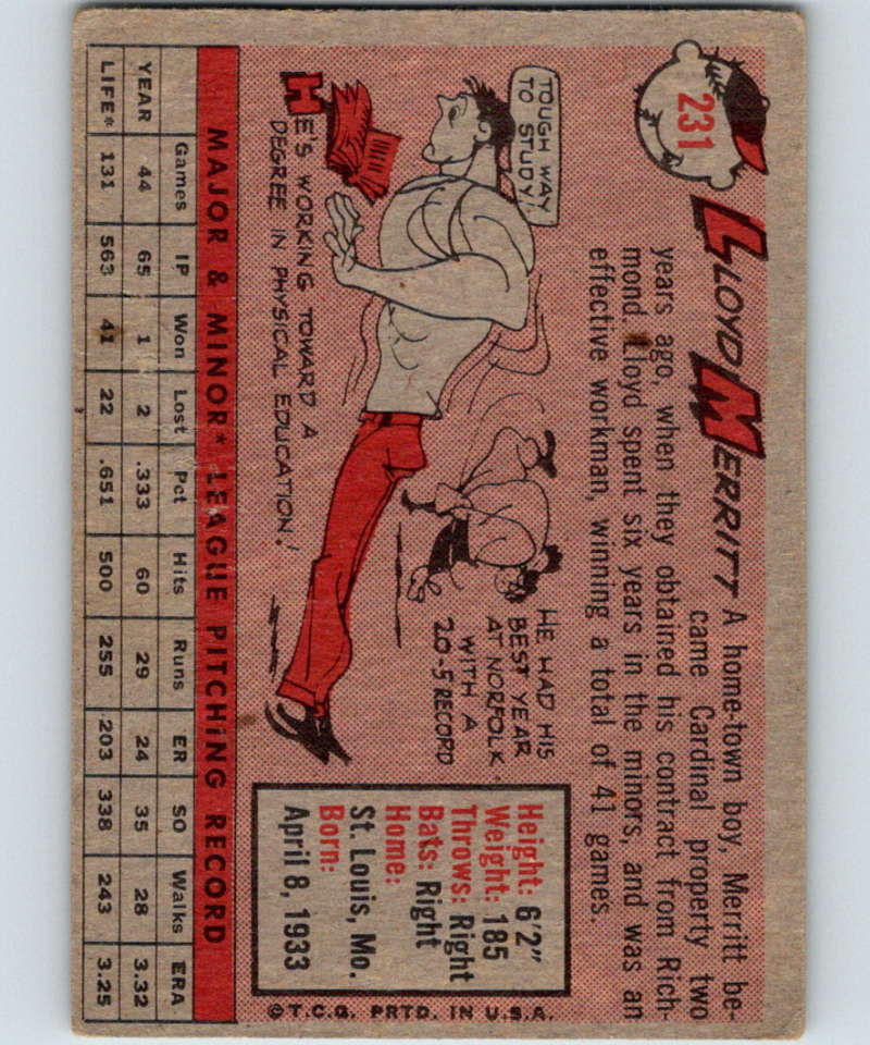 1958 Topps #231 Lloyd Merritt RC Rookie Cardinals Baseball 3972 Image 2