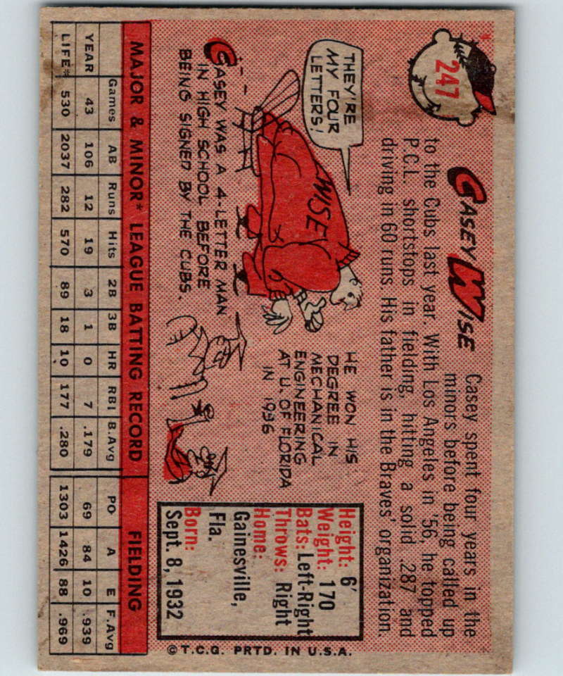 1958 Topps #247 Casey Wise Braves Baseball 3974 Image 2