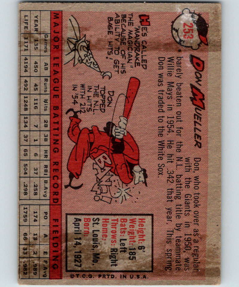 1958 Topps #253 Don Mueller Giants Baseball 3976 Image 2