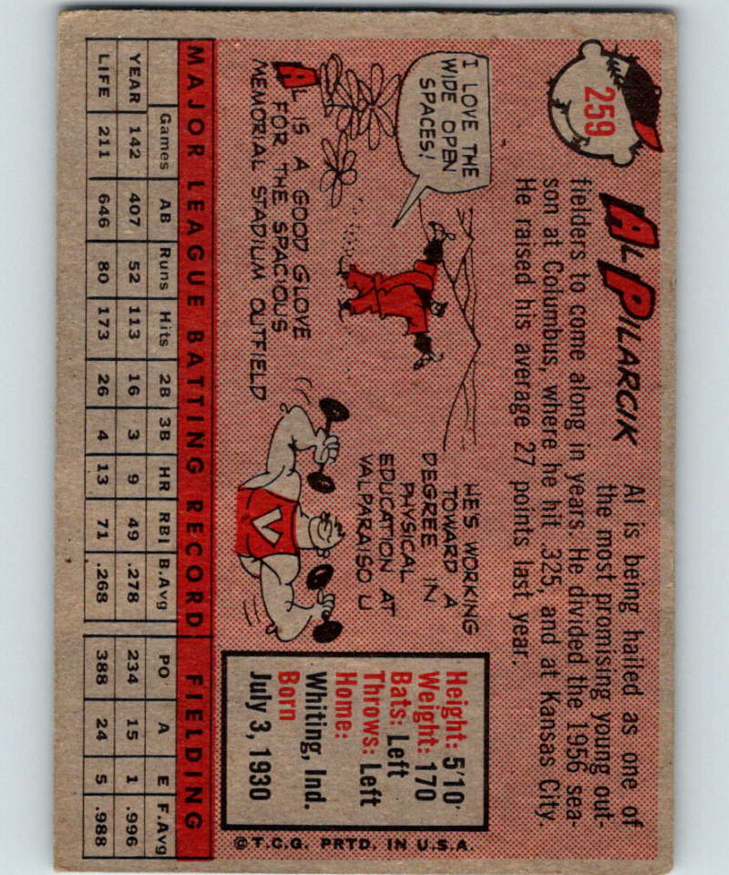 1958 Topps #259 Al Pilarcik Orioles Baseball 3978 Image 2