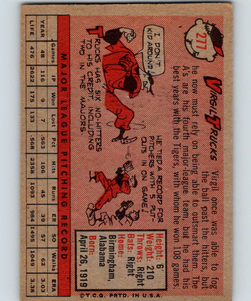 1958 Topps #277 Virgil Trucks Athletics Baseball 3983 Image 2