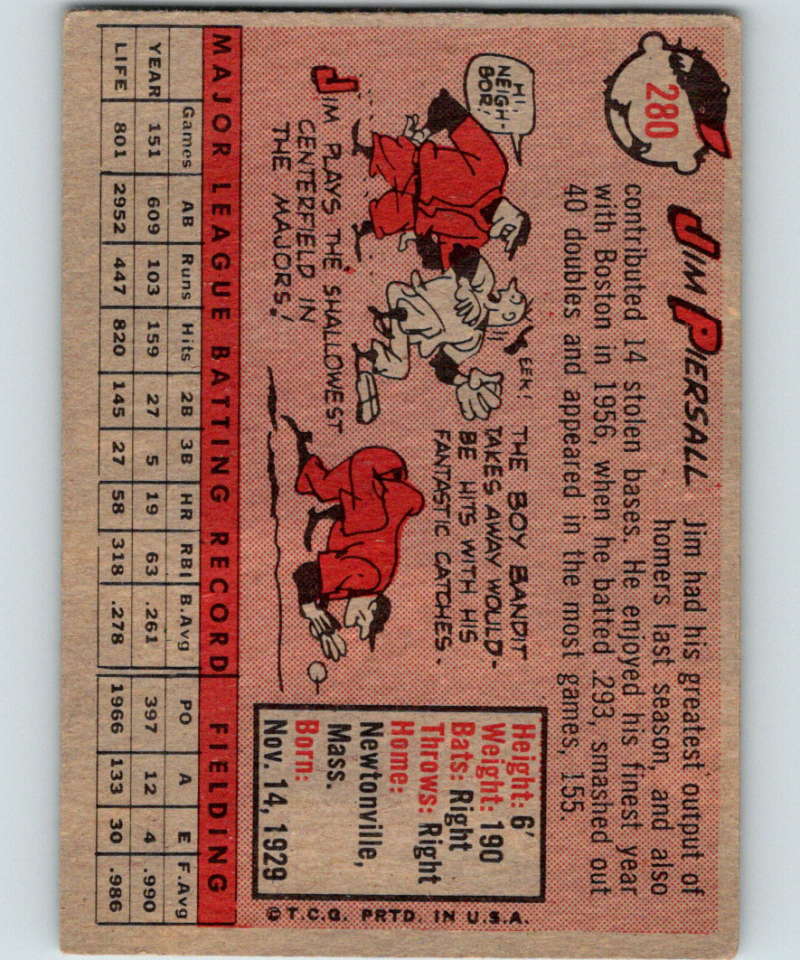 1958 Topps #280 Jim Piersall Red Sox Baseball 3986 Image 2