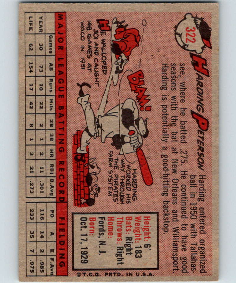 1958 Topps #322 Harding Peterson RC Rookie Pirates Baseball 3993 Image 2