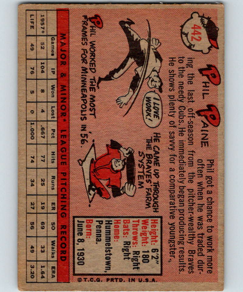 1958 Topps #442 Phil Paine RC Rookie Cardinals Baseball 4004 Image 2