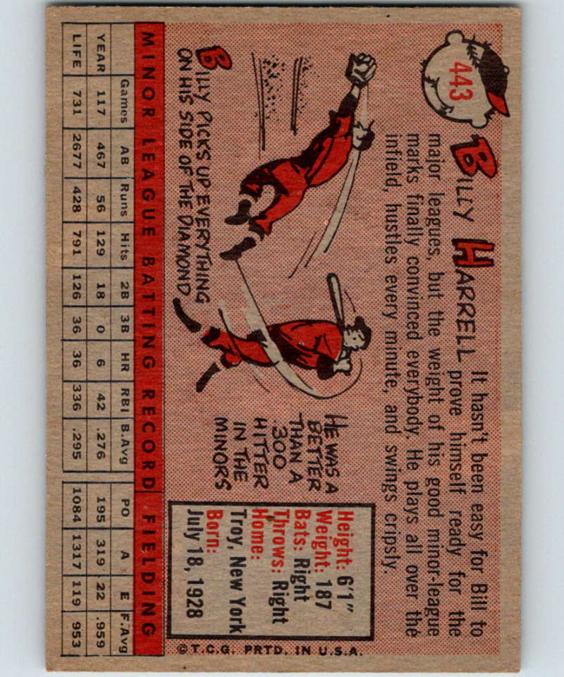 1958 Topps #443 Billy Harrell RC Rookie SP Indians Baseball 4005 Image 2