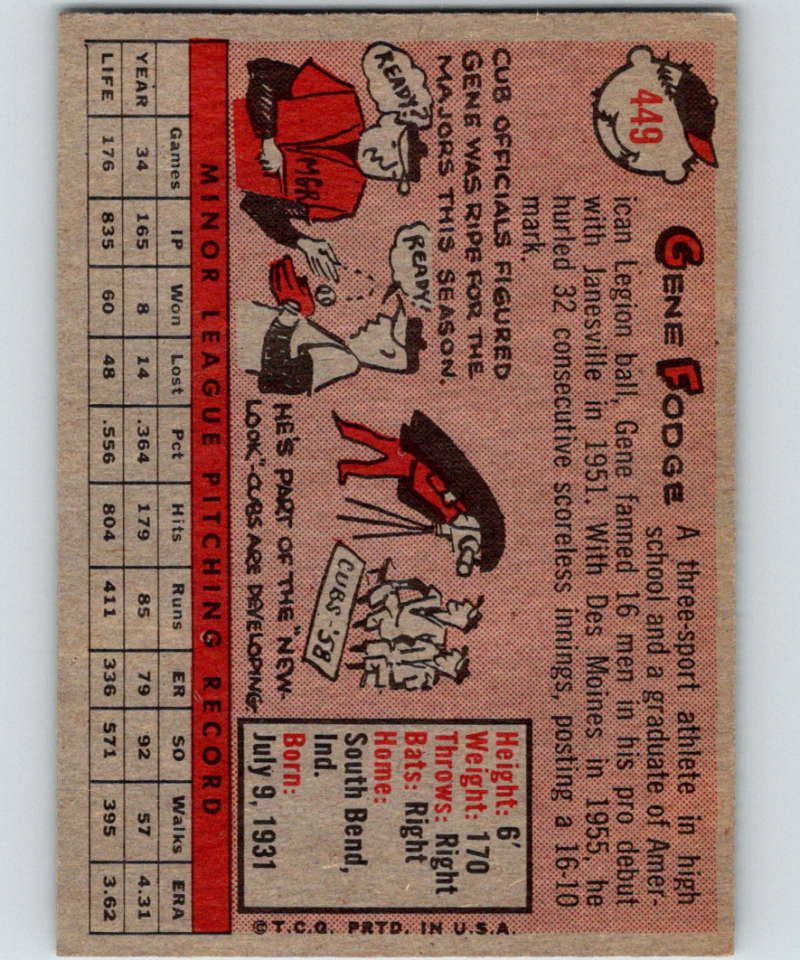 1958 Topps #449 Gene Fodge RC Rookie Cubs Baseball 4008 Image 2