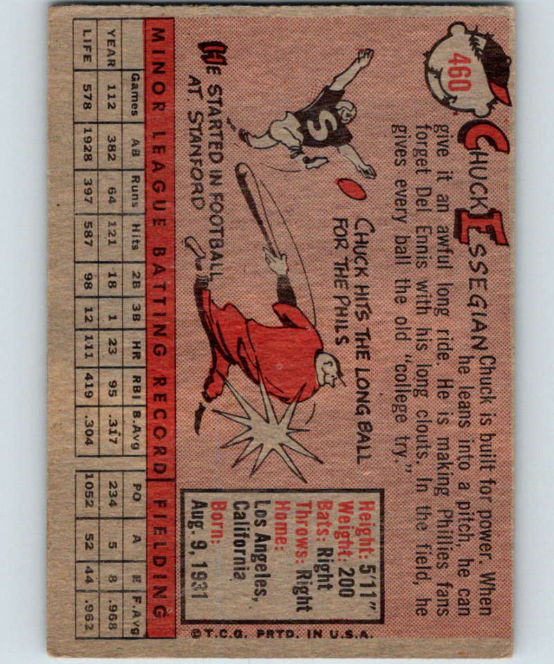 1958 Topps #460 Chuck Essegian RC Rookie Phillies Baseball 4015