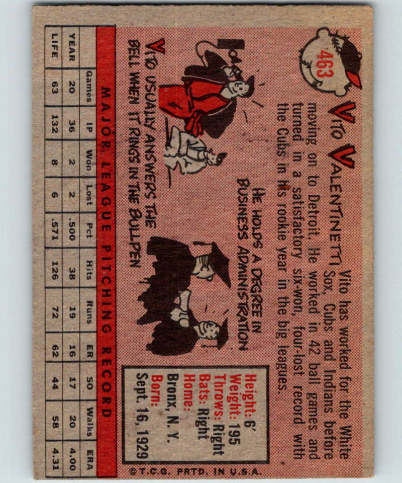 1958 Topps #463 Vito Valentinetti Tigers UER Baseball 4017