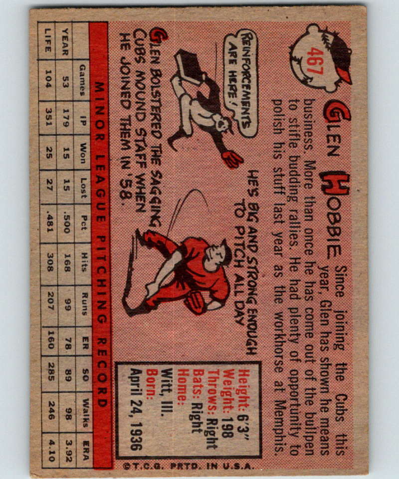 1958 Topps #467 Glen Hobbie RC Rookie Cubs Baseball 4020 Image 2