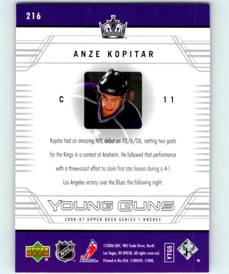 2006-07 Upper Deck #216 Anze Kopitar Young Guns Hockey NHL RC Rookie 04183