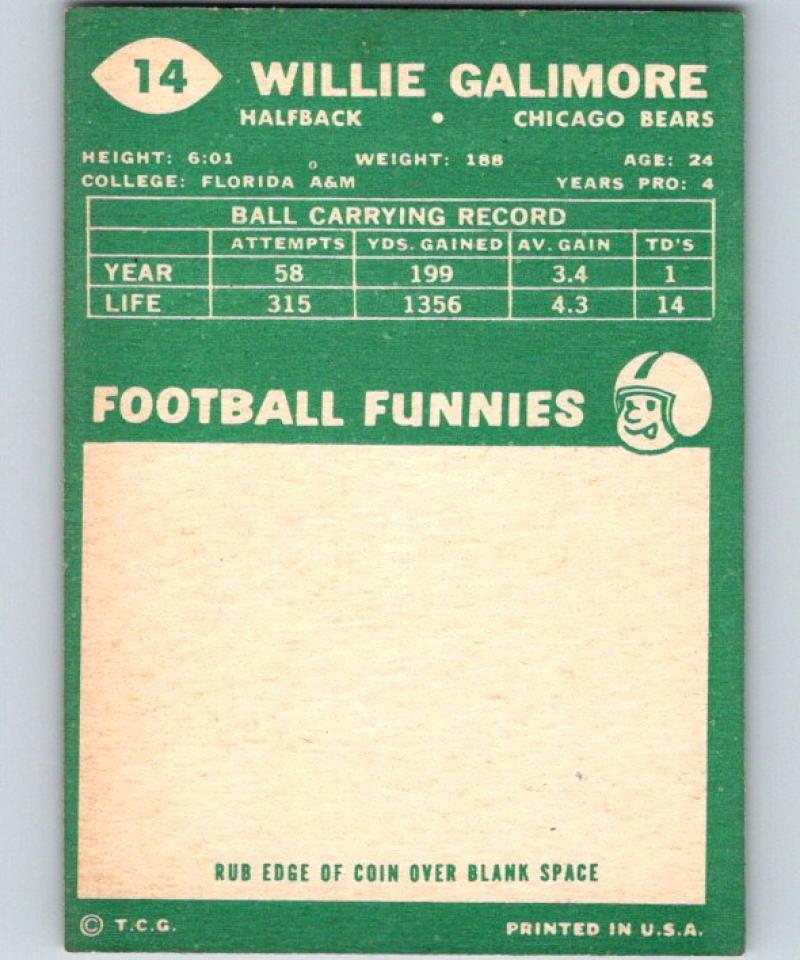 1960 Topps #14 Willie Galimore NM Near Mint Football NFL Bears Vintage 04364 Image 2