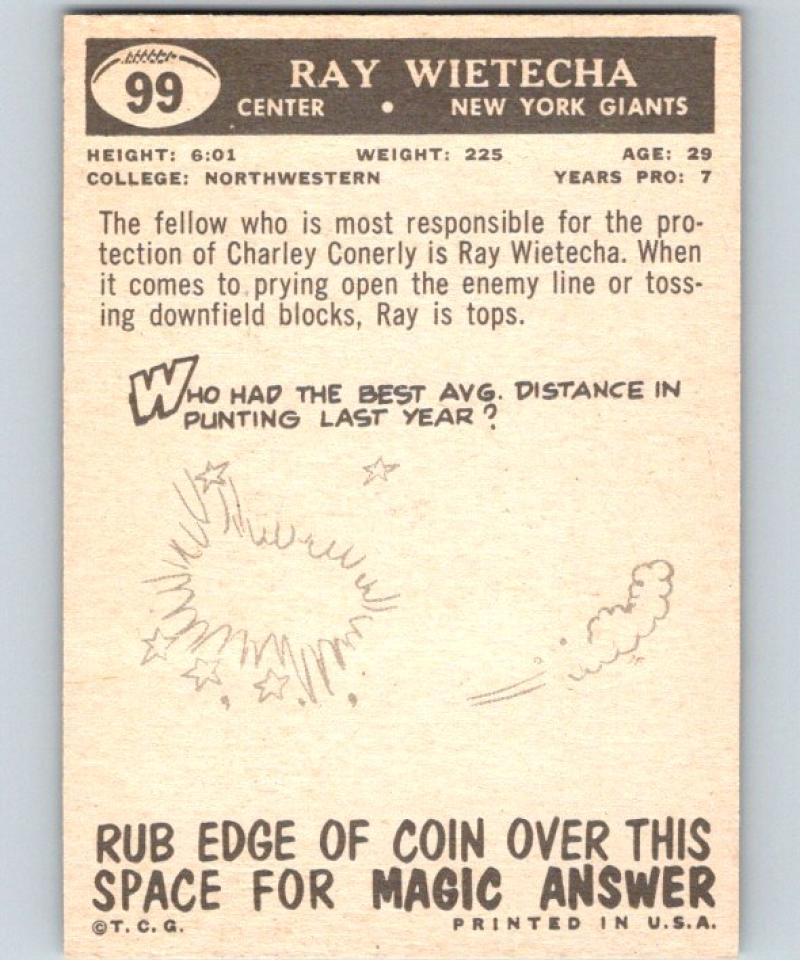 1959 Topps #99 Ray Wietecha Football NFL NY Giants Vintage 04371 Image 2