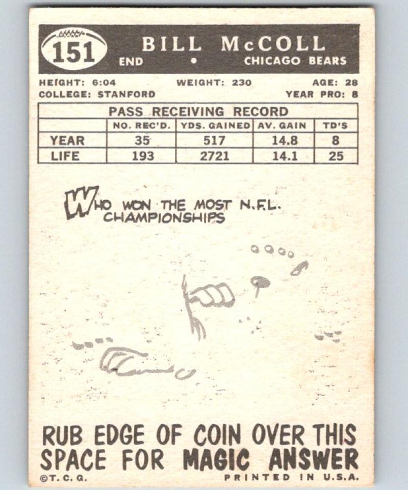 1959 Topps #151 Bill McColl Football NFL Bears Vintage 04379 Image 2
