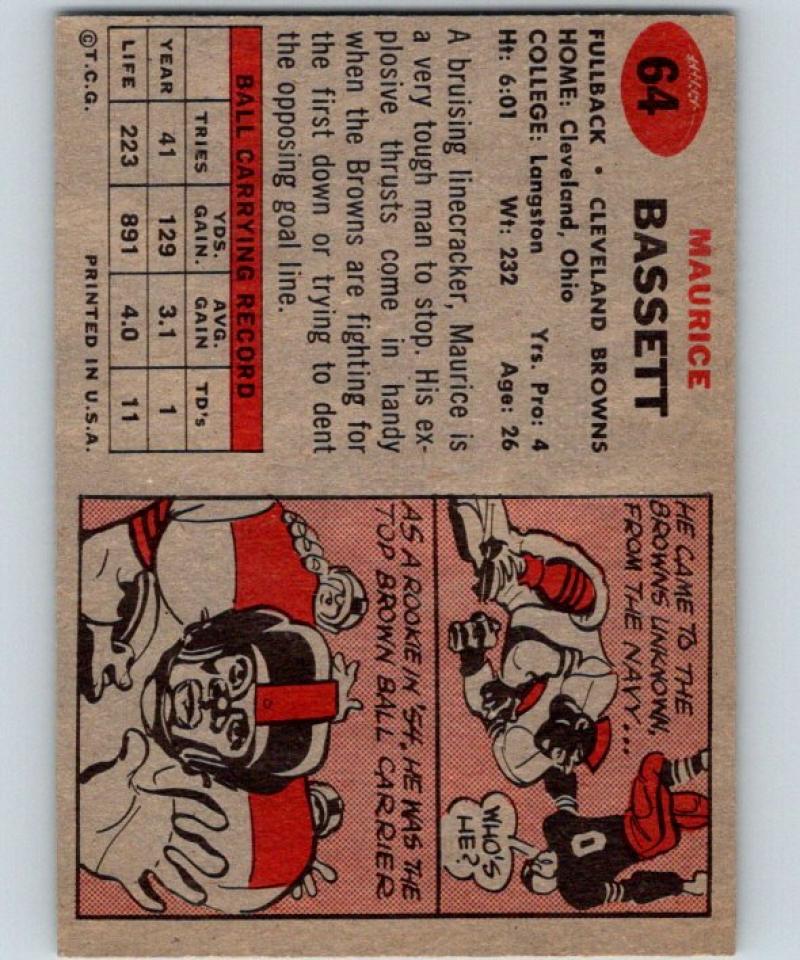 1957 Topps #64 Maurice Bassett Football NFL Browns Vintage 04400 Image 2