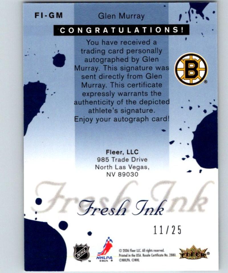 2005-06 Fleer Ultra Fresh Ink Blue Glen Murray Auto Hockey 11/25 NHL 04465