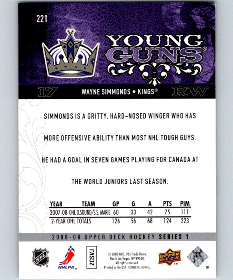 2008-09 Upper Deck #221 Wayne Simmonds NHL RC Rookie Young Guns YG 04615