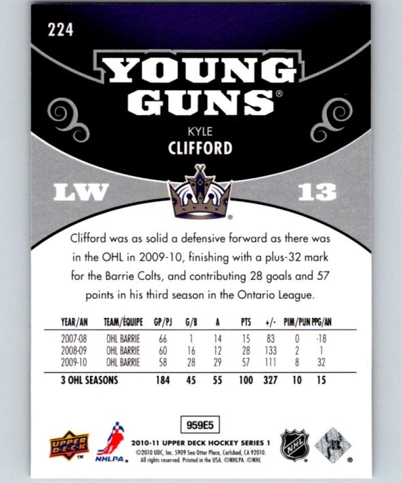 2010-11 Upper Deck #224 Kyle Clifford NHL RC Rookie Young Guns YG 04632