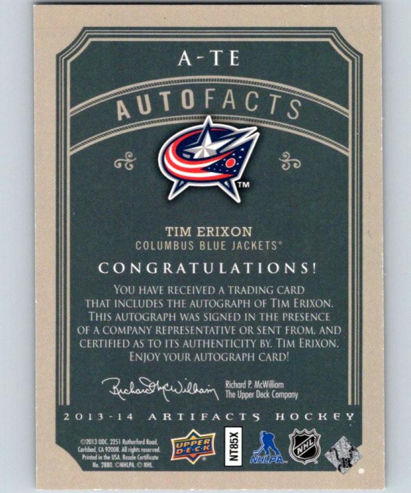 2013-14 Upper Deck Artifacts Autofacts #A-TE Tim Erixon NHL Auto 04640