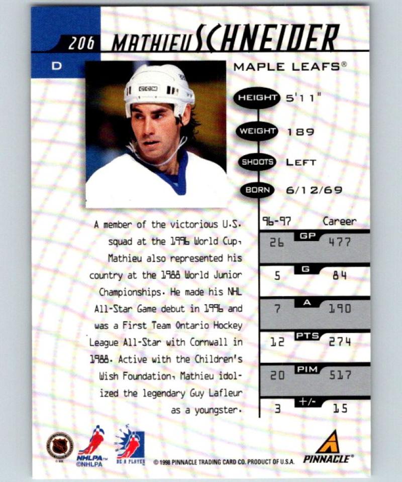 1997-98 Be A Player Autographs #206 Mathieu Schneider NHL Auto Leafs 04713