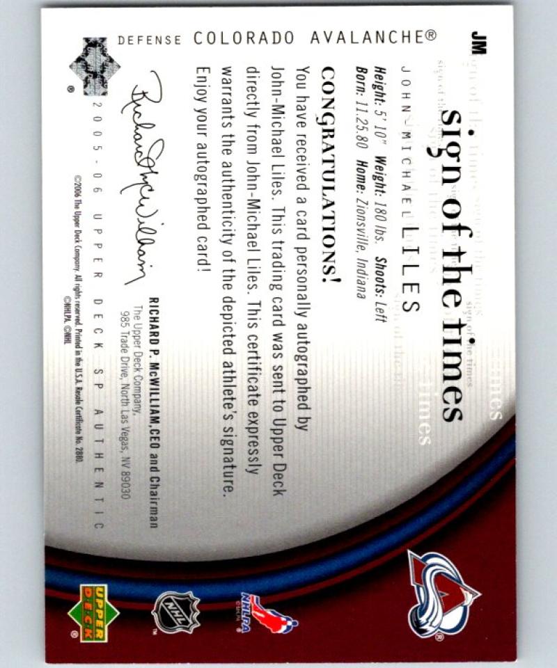 2005-06 SP Authentic Sign of the Times John-Michael Liles NHL Auto 04720
