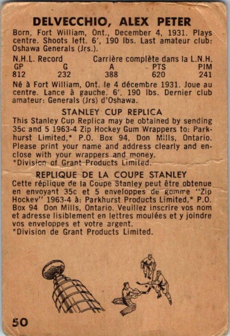 1963-64 Parkhurst #50 Alex Delvecchio Hockey NHL Red Wings Vintage 04727