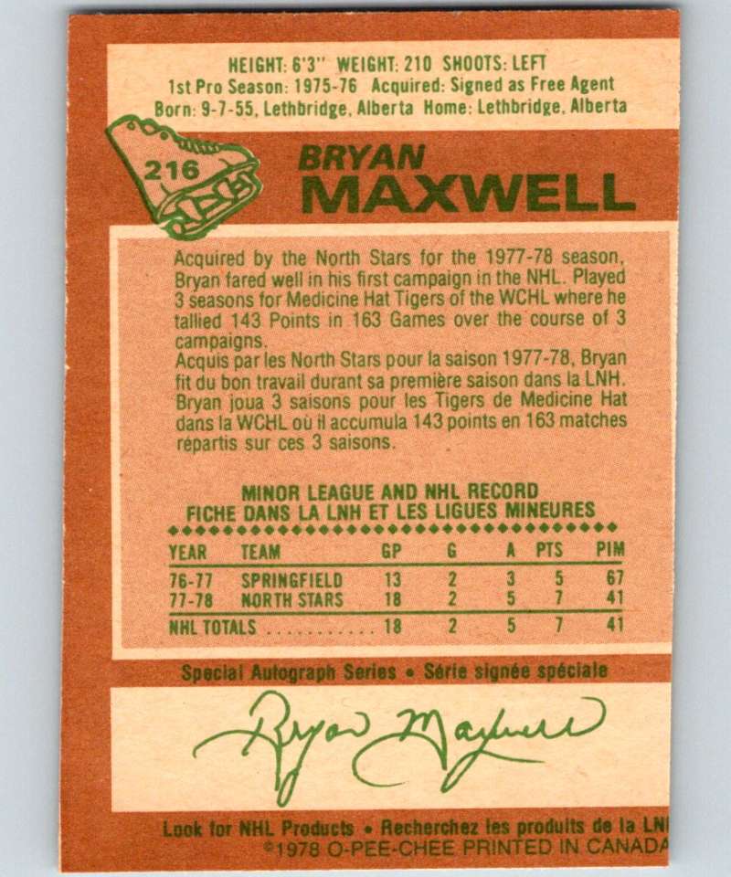 1978-79 O-Pee-Chee #216 Bryan Maxwell North Stars UER NHL 05714 Image 2