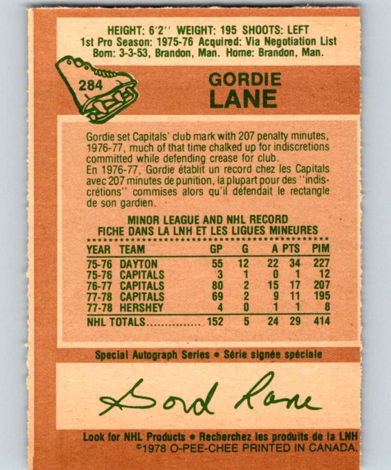 1978-79 O-Pee-Chee #284 Gord Lane Capitals NHL 05784 Image 2