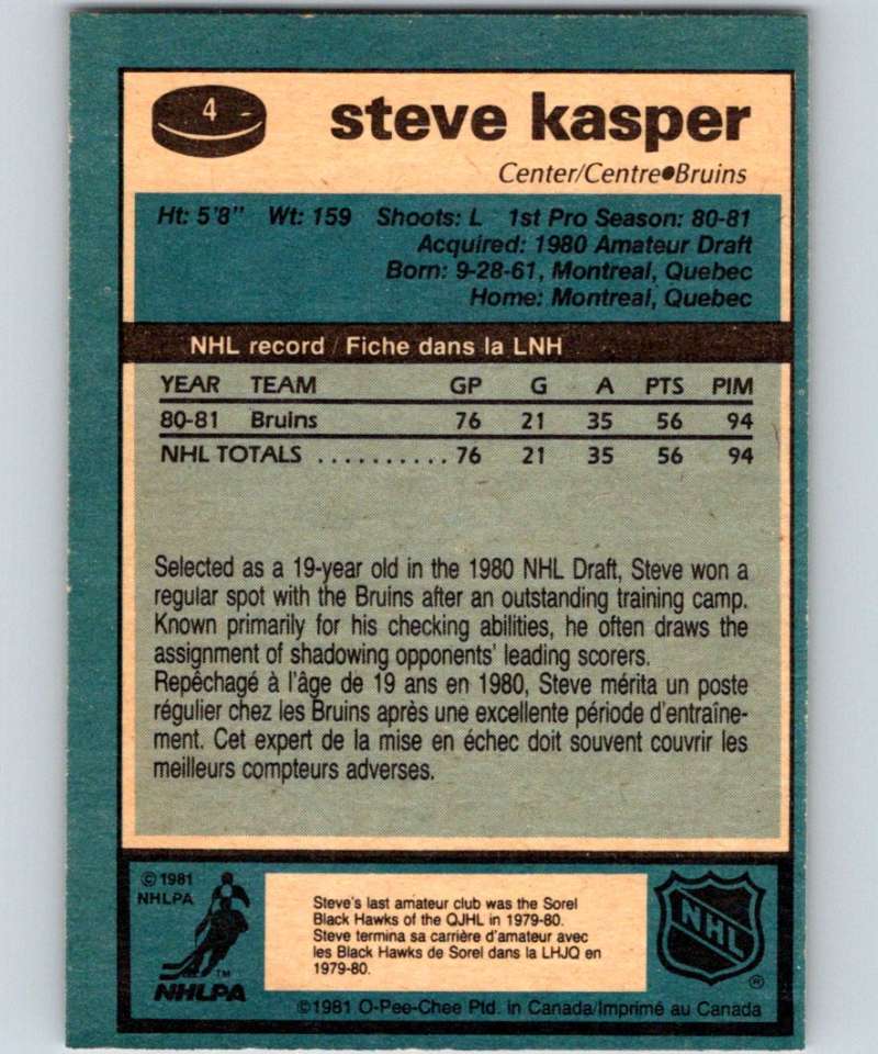 1981-82 O-Pee-Chee #4 Steve Kasper RC Rookie Bruins 6296