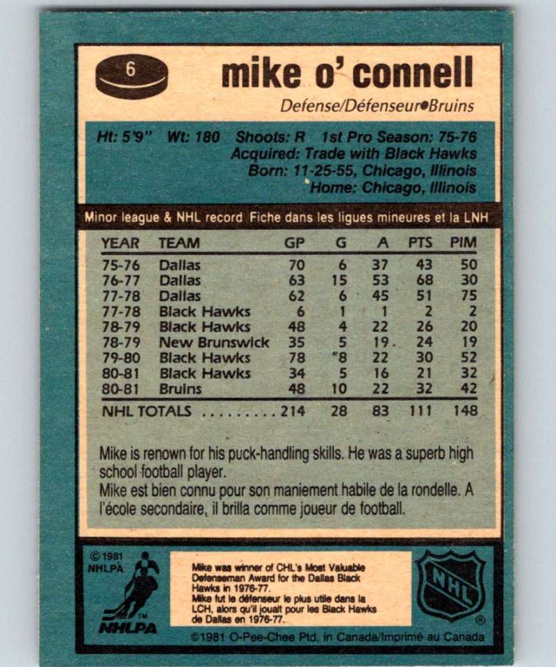 1981-82 O-Pee-Chee #6 Mike O'Connell Bruins 6298