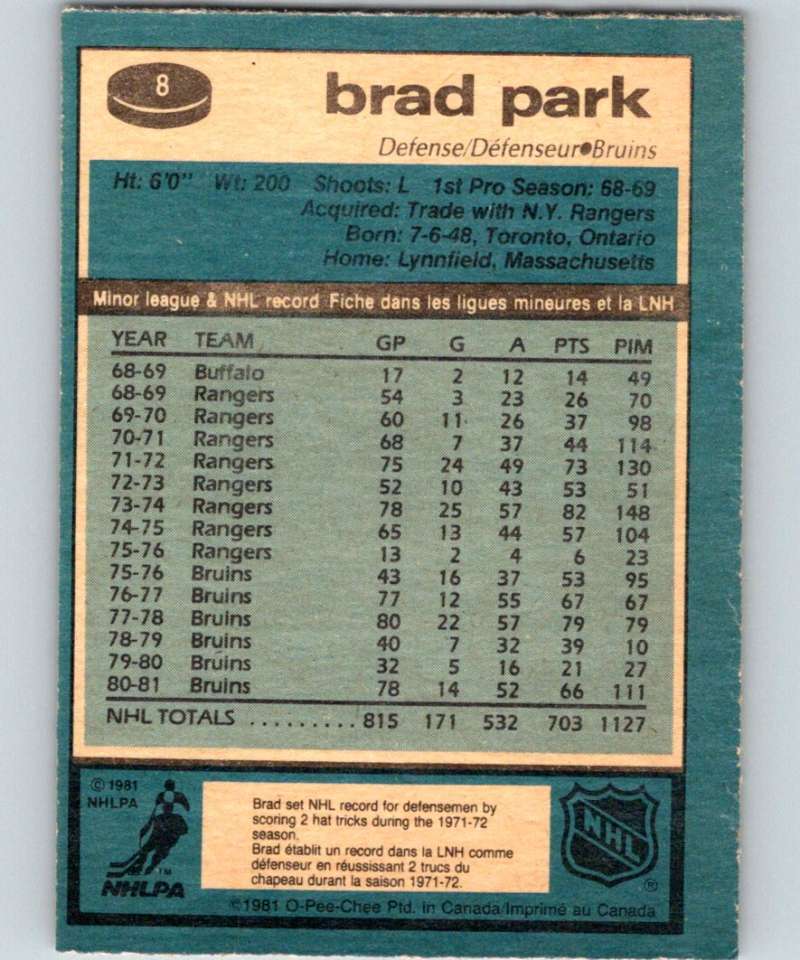 1981-82 O-Pee-Chee #8 Brad Park Bruins 6300