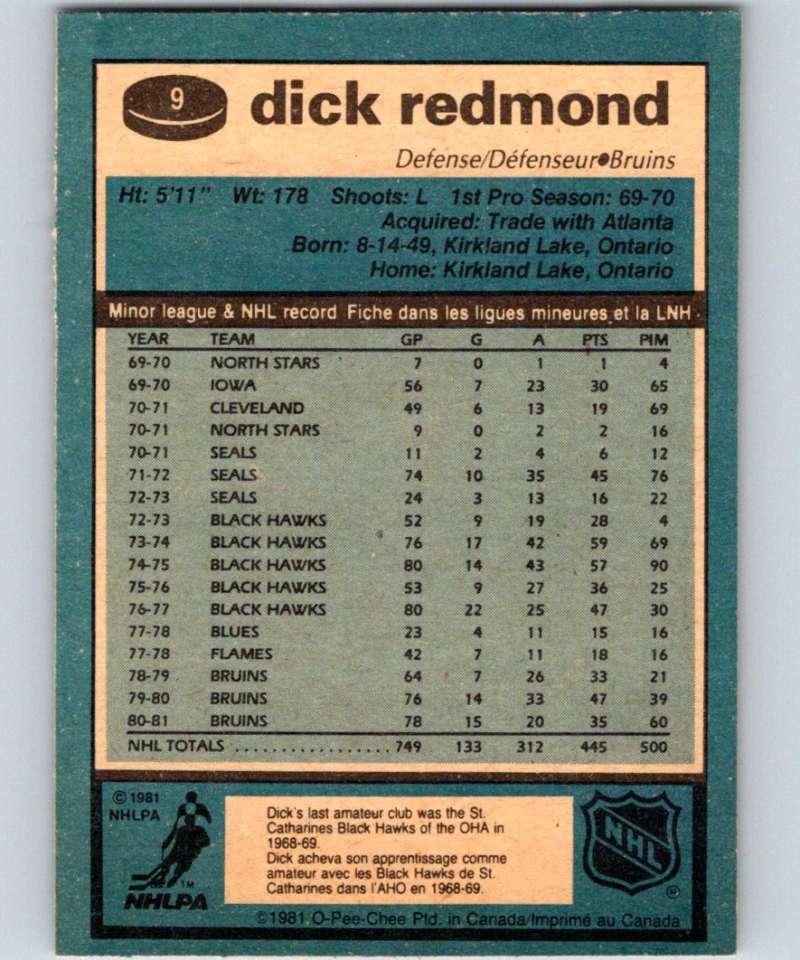 1981-82 O-Pee-Chee #9 Dick Redmond Bruins 6301