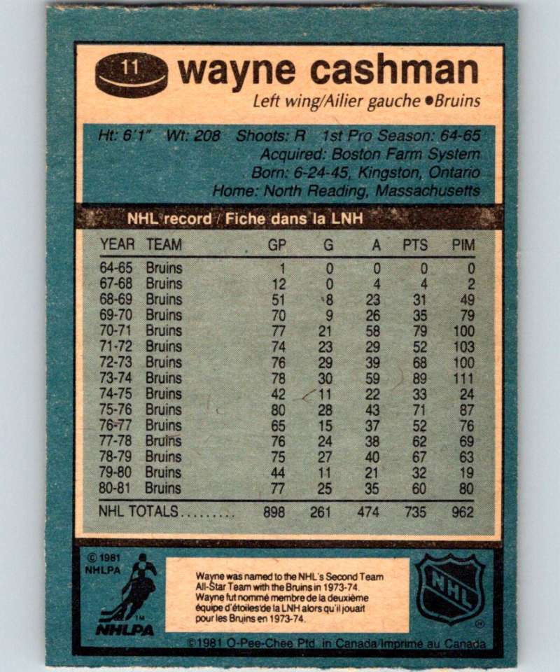 1981-82 O-Pee-Chee #11 Wayne Cashman Bruins 6303